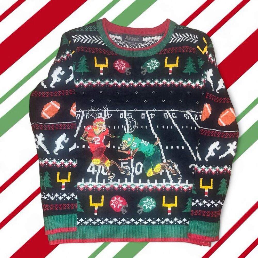 Kids Youth' Black Multicolored Ugly Christmas Knit Sweater Embroidered Reindeer